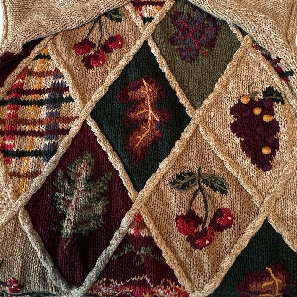 Vintage White Stag Patchwork Knit Sweater Folk Art Cottagecore M Longline Winter - Picture 15 of 16